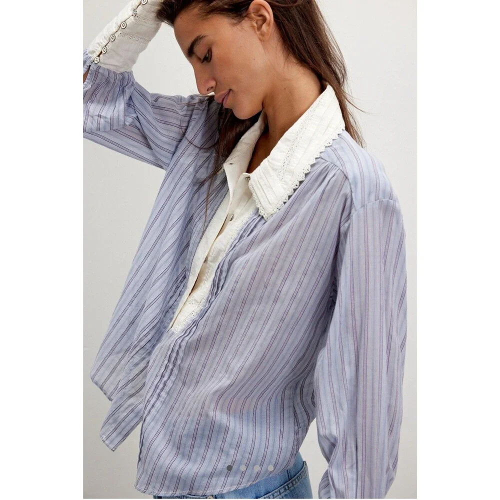 Free People Forever Love Striped Lace Top Romantic Peasant Victorian Size S